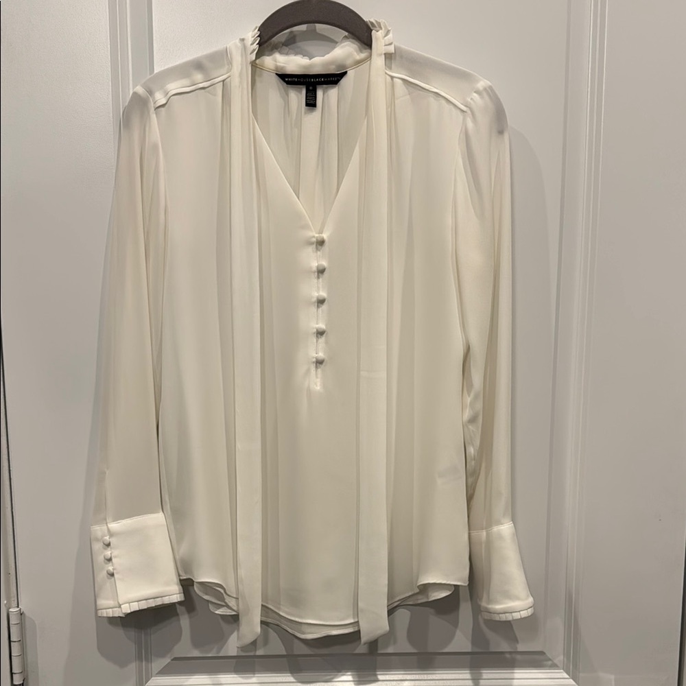 White House Black Market Cream Bell Sleeve Blouse with Mandarin Collar